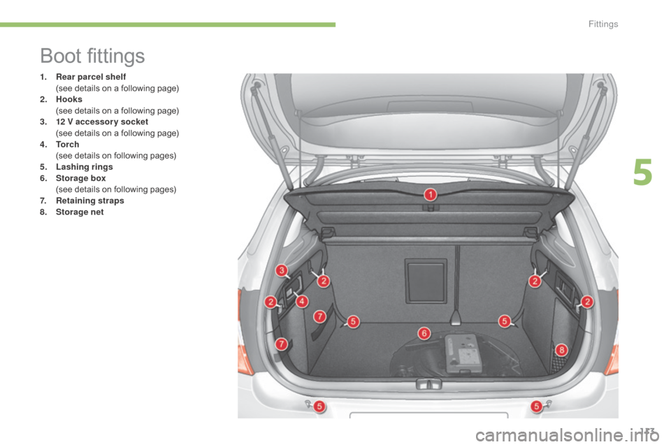 Citroen C4 2015 2.G Owners Manual 113
C4-2_en_Chap05_amenagement_ed01-2015
C4-2_en_Chap05_amenagement_ed01-2015
Boot fittings
1. Rear parcel shelf (see   details   on   a   following   page)
2.
 Hoo

ks
 (

see   details   o