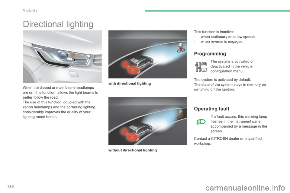 Citroen C4 2015 2.G Owners Manual 126
C4-2_en_Chap06_visibilite_ed01-2015
C4-2_en_Chap06_visibilite_ed01-2015
Directional lighting
Programming
with directional lighting
without directional lighting
When
 
the
 
dipped
 
or
 
main