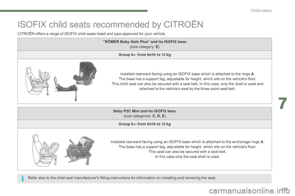 Citroen C4 2015 2.G Owners Manual 145
C4-2_en_Chap07_securite-enfants_ed01-2015
C4-2_en_Chap07_securite-enfants_ed01-2015
ISOFIX child seats recommended by CITROËN
CITROËN offers a range of ISOFIX child seats listed an
