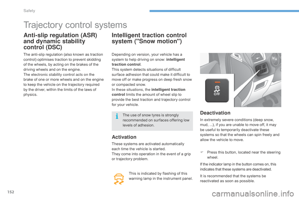Citroen C4 2015 2.G Owners Manual 152
C4-2_en_Chap08_securite_ed01-2015
C4-2_en_Chap08_securite_ed01-2015
Trajectory control systems
Anti-slip regulation (ASR) 
and dynamic stability 
control (DSC)
The anti-slip regulation (also�