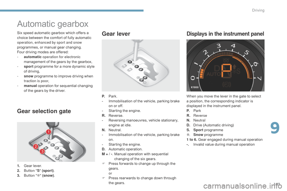 Citroen C4 2015 2.G Service Manual 183
C4-2_en_Chap09_conduite_ed01-2015
C4-2_en_Chap09_conduite_ed01-2015
Automatic gearbox
Gear selection gate
1. Gear  lever.
2.  bu tton "S" (spor t) .
3.
 

b
u
 tton "T" (snow) . P.
  P

ark.
