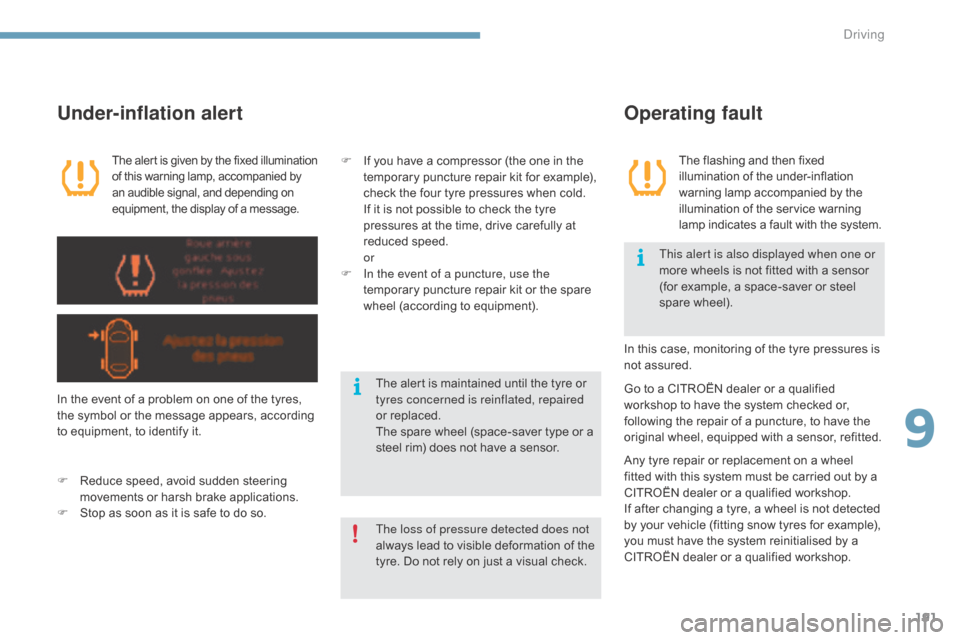 Citroen C4 2015 2.G Owners Manual 191
C4-2_en_Chap09_conduite_ed01-2015
C4-2_en_Chap09_conduite_ed01-2015
The flashing and then fixed illumination   of   the   under-inflation w

arning   lamp   accompanied   by   the
 i