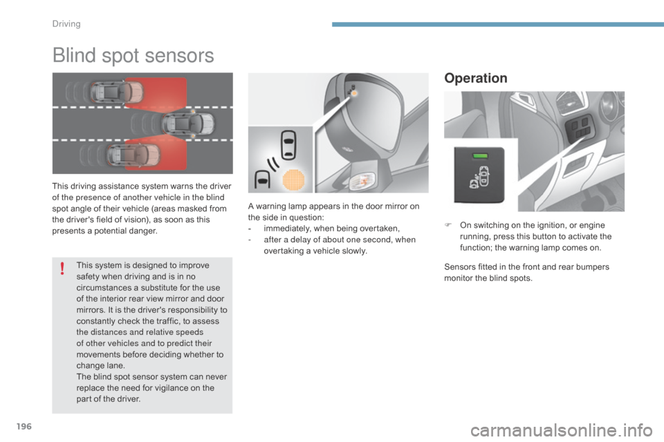 Citroen C4 2015 2.G User Guide 196
C4-2_en_Chap09_conduite_ed01-2015
C4-2_en_Chap09_conduite_ed01-2015
blind spot sensors
This driving assistance system warns the driver of the presence of another vehicle in the blind
spot
Citroen C4 2015 2.G User Guide 196
C4-2_en_Chap09_conduite_ed01-2015
C4-2_en_Chap09_conduite_ed01-2015
blind spot sensors
This driving assistance system warns the driver of the presence of another vehicle in the blind
spot