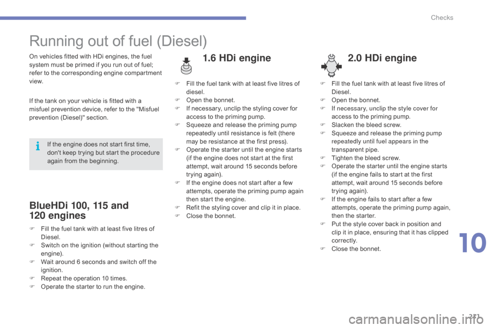 Citroen C4 2015 2.G Owners Manual 211
C4-2_en_Chap10_verification_ed01-2015
C4-2_en_Chap10_verification_ed01-2015
Running out of fuel (Diesel)
1.6 HDi engine2.0 HDi engineOn vehicles fitted with HDi engines, the fuel s
yst