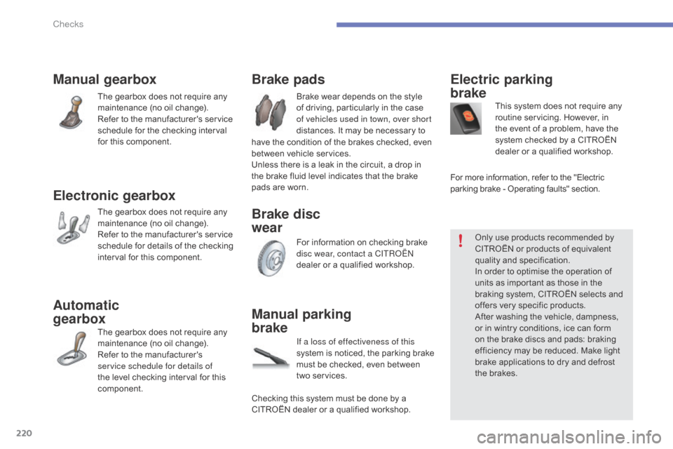 Citroen C4 2015 2.G Owners Manual 220
C4-2_en_Chap10_verification_ed01-2015
C4-2_en_Chap10_verification_ed01-2015
Automatic  
gearbox
The gearbox does not require any maintenance   (no   oil   change).
Refer
  to   the   m