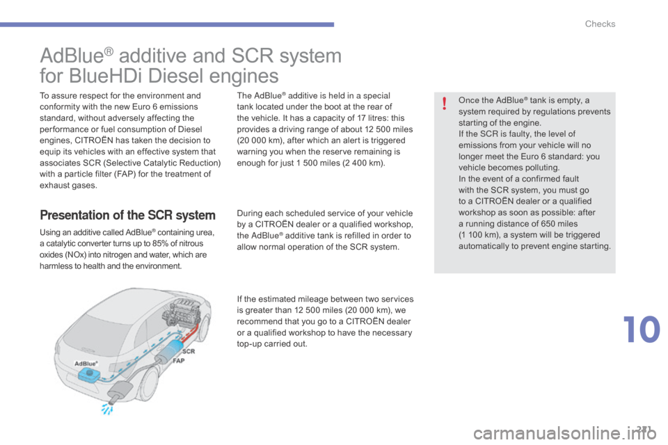 Citroen C4 2015 2.G Owners Manual 221
C4-2_en_Chap10_verification_ed01-2015
C4-2_en_Chap10_verification_ed01-2015
adblue® additive and SCR system
f
or
 
BlueHDi   Diesel   engines
To assure respect for the environment an