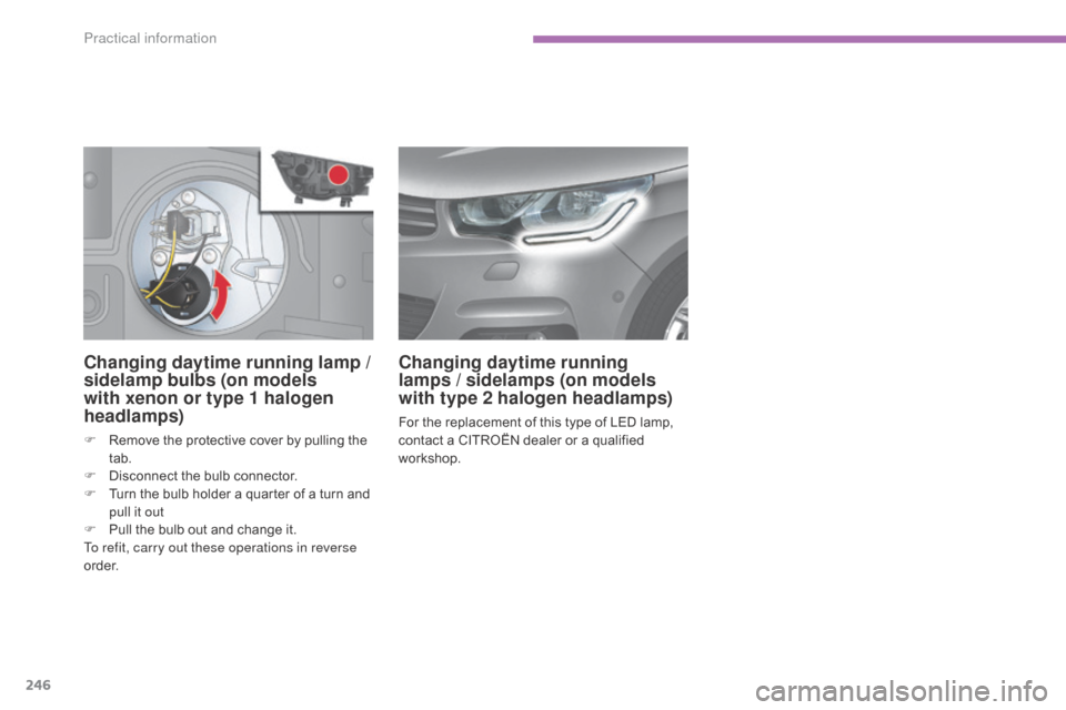 Citroen C4 2015 2.G Owners Guide 246
C4-2_en_Chap11_info-pratique_ed01-2015
C4-2_en_Chap11_info-pratique_ed01-2015
Changing daytime running lamp /
s idelamp bulbs (on models
with xenon or type 1 halogen
headlamps)
F Remove  the Citroen C4 2015 2.G Owners Guide 246
C4-2_en_Chap11_info-pratique_ed01-2015
C4-2_en_Chap11_info-pratique_ed01-2015
Changing daytime running lamp /
s idelamp bulbs (on models
with xenon or type 1 halogen
headlamps)
F Remove  the