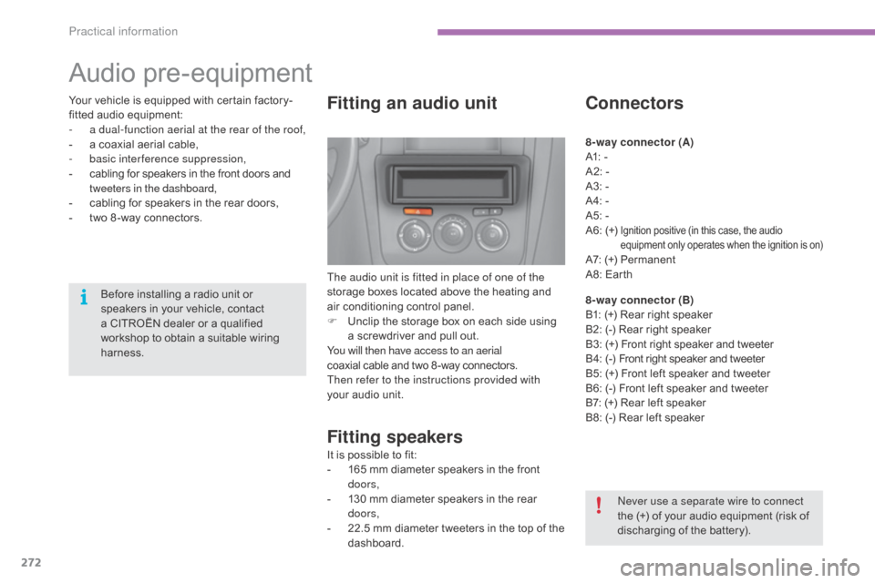 Citroen C4 2015 2.G Owners Manual 272
C4-2_en_Chap11_info-pratique_ed01-2015
C4-2_en_Chap11_info-pratique_ed01-2015
Audio pre-equipment
Fitting an audio unit
The audio unit is fitted in place of one of the 
storage  boxes   located