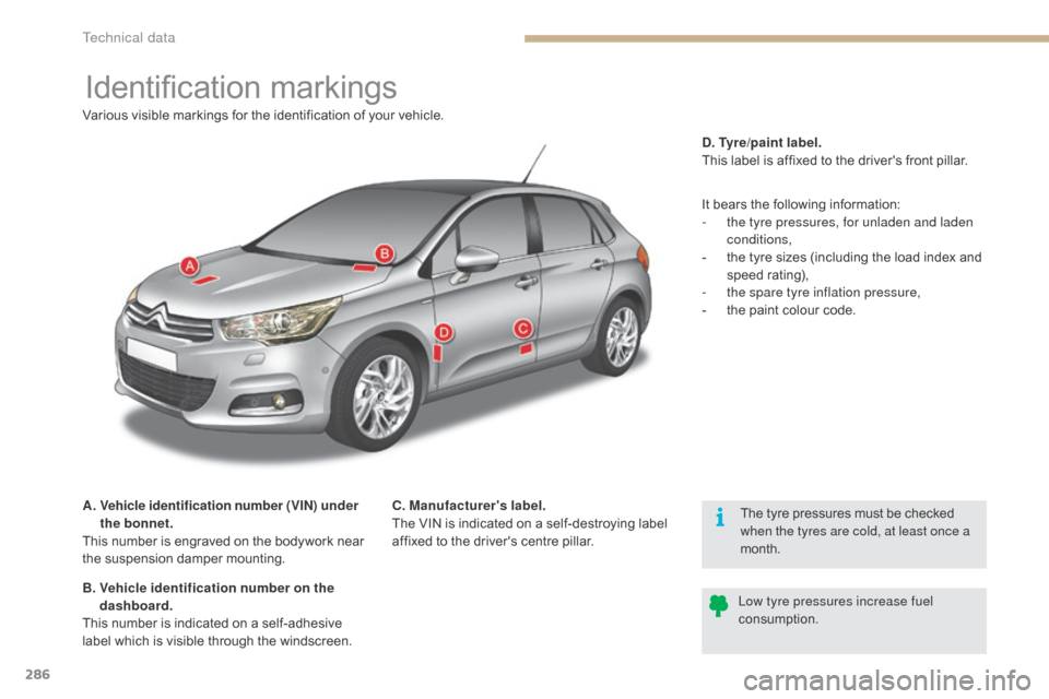 Citroen C4 2015 2.G User Guide 286
C4-2_en_Chap12_caracteristique_ed01-2015
C4-2_en_Chap12_caracteristique_ed01-2015
Identification markings
A. Vehicle identification number (VIN) under
the bonnet.
This
number is engrav Citroen C4 2015 2.G User Guide 286
C4-2_en_Chap12_caracteristique_ed01-2015
C4-2_en_Chap12_caracteristique_ed01-2015
Identification markings
A. Vehicle identification number (VIN) under
the bonnet.
This
number is engrav