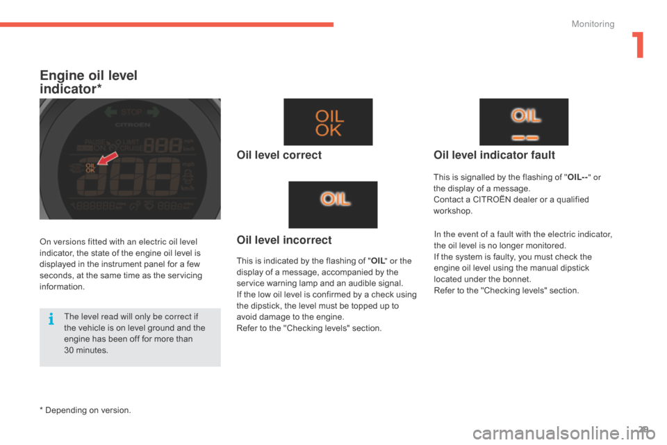 Citroen C4 2015 2.G Owners Manual 29
C4-2_en_Chap01_controle-de-marche_ed01-2015
C4-2_en_Chap01_controle-de-marche_ed01-2015
Engine oil level
indicator*
Oil level correct
This is indicated by the flashing of "O IL" or the
di Citroen C4 2015 2.G Owners Manual 29
C4-2_en_Chap01_controle-de-marche_ed01-2015
C4-2_en_Chap01_controle-de-marche_ed01-2015
Engine oil level
indicator*
Oil level correct
This is indicated by the flashing of "O IL" or the
di