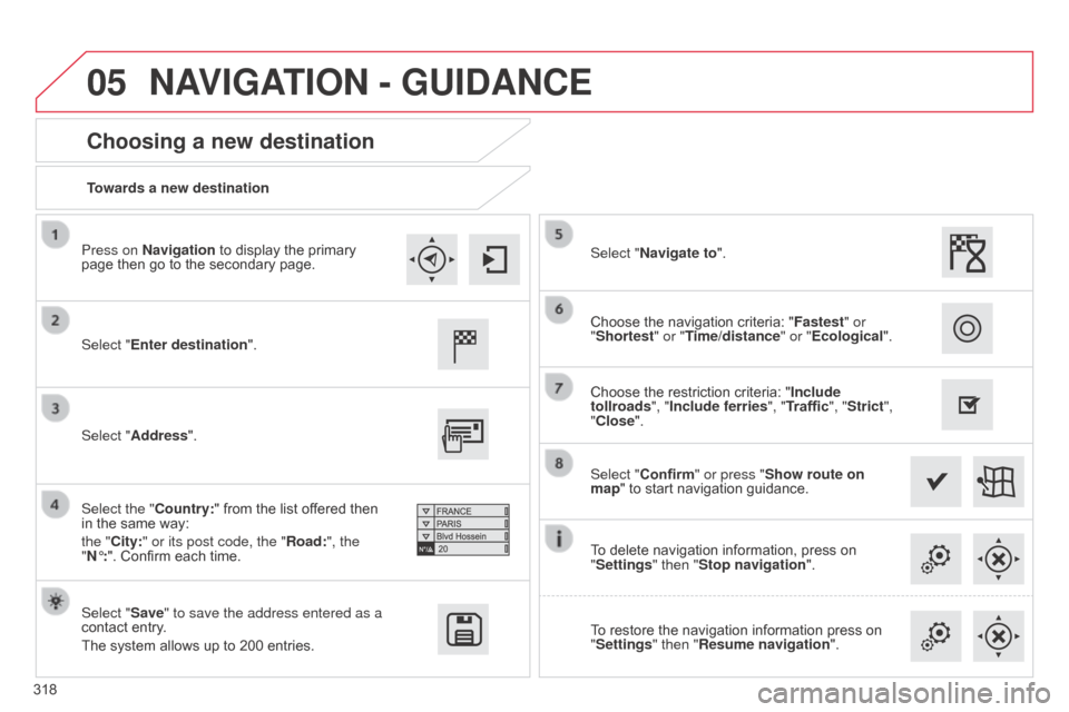 Citroen C4 2015 2.G Owners Manual 05
318
C4-2_en_Chap13b_SMEGplus_ed01-2015
C4-2_en_Chap13b_SMEGplus_ed01-2015
Towards a new destination
Choosing a new destination
Select "Enter destination".
Select "Save" to save the address entered Citroen C4 2015 2.G Owners Manual 05
318
C4-2_en_Chap13b_SMEGplus_ed01-2015
C4-2_en_Chap13b_SMEGplus_ed01-2015
Towards a new destination
Choosing a new destination
Select "Enter destination".
Select "Save" to save the address entered