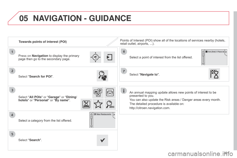 Citroen C4 2015 2.G Manual Online 05
321
C4-2_en_Chap13b_SMEGplus_ed01-2015
C4-2_en_Chap13b_SMEGplus_ed01-2015
Towards points of interest (POI)Points   of   Interest   (POI)   show   all   of   the   locations   of   service