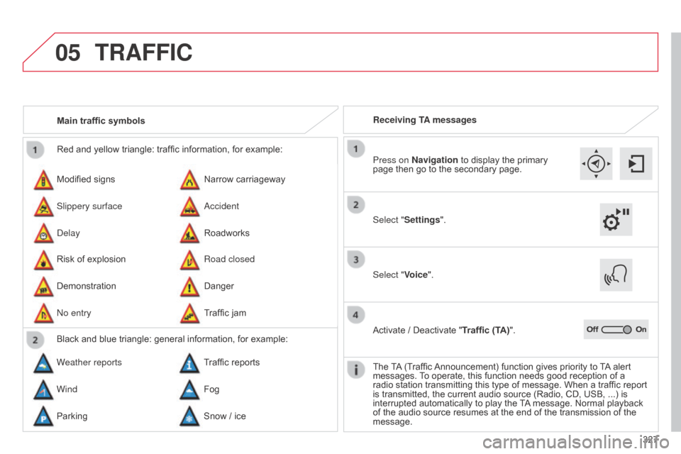 Citroen C4 2015 2.G User Guide 05
327
C4-2_en_Chap13b_SMEGplus_ed01-2015
C4-2_en_Chap13b_SMEGplus_ed01-2015
Red and yellow triangle: traffic information, for example:
Modified   signs
Risk
  of   explosion Narrow
  carri