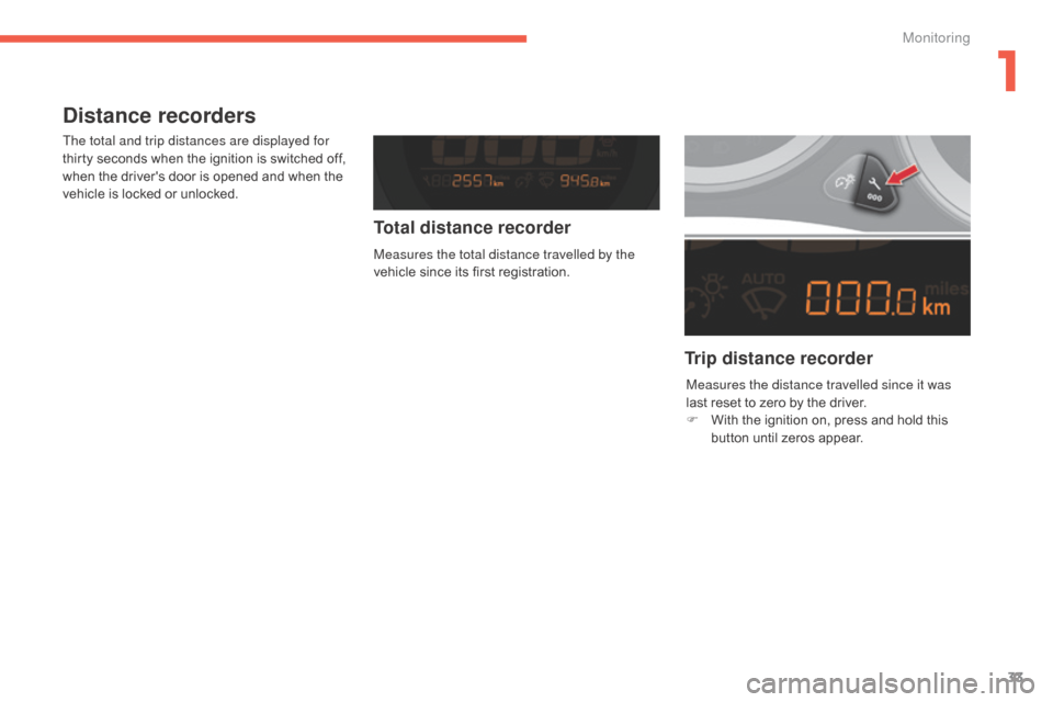 Citroen C4 2015 2.G Owners Manual 33
C4-2_en_Chap01_controle-de-marche_ed01-2015
C4-2_en_Chap01_controle-de-marche_ed01-2015
Distance recorders
The total and trip distances are displayed for 
thirty  seconds   when   the   ignitio