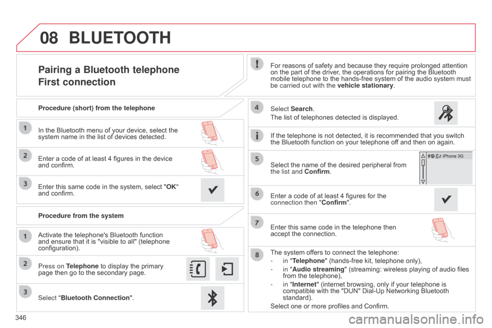 Citroen C4 2015 2.G User Guide 08
346
C4-2_en_Chap13b_SMEGplus_ed01-2015
C4-2_en_Chap13b_SMEGplus_ed01-2015
Pairing a Bluetooth telephone
First connectionFor reasons of safety and because they require prolonged attention Citroen C4 2015 2.G User Guide 08
346
C4-2_en_Chap13b_SMEGplus_ed01-2015
C4-2_en_Chap13b_SMEGplus_ed01-2015
Pairing a Bluetooth telephone
First connectionFor reasons of safety and because they require prolonged attentionÂ
