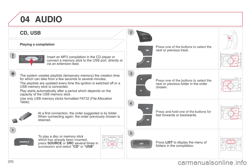 Citroen C4 2015 2.G Owners Manual 04
370
C4-2_en_Chap13c_RD5_ed01-2015
C4-2_en_Chap13c_RD5_ed01-2015
CD, USB
AUDIO
Playing a compilationInsert   an   MP3   compilation   in   the   CD   player   or  
connect

  a   memory 