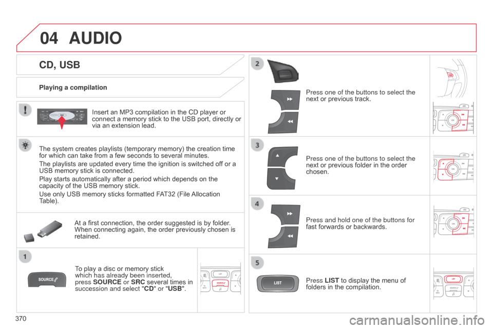 Citroen C4 2015 2.G User Guide 04
370
C4-2_en_Chap13c_RD5_ed01-2015
C4-2_en_Chap13c_RD5_ed01-2015
CD, USB
AUDIO
Playing a compilationInsert   an   MP3   compilation   in   the   CD   player   or  
connect

  a   memory �