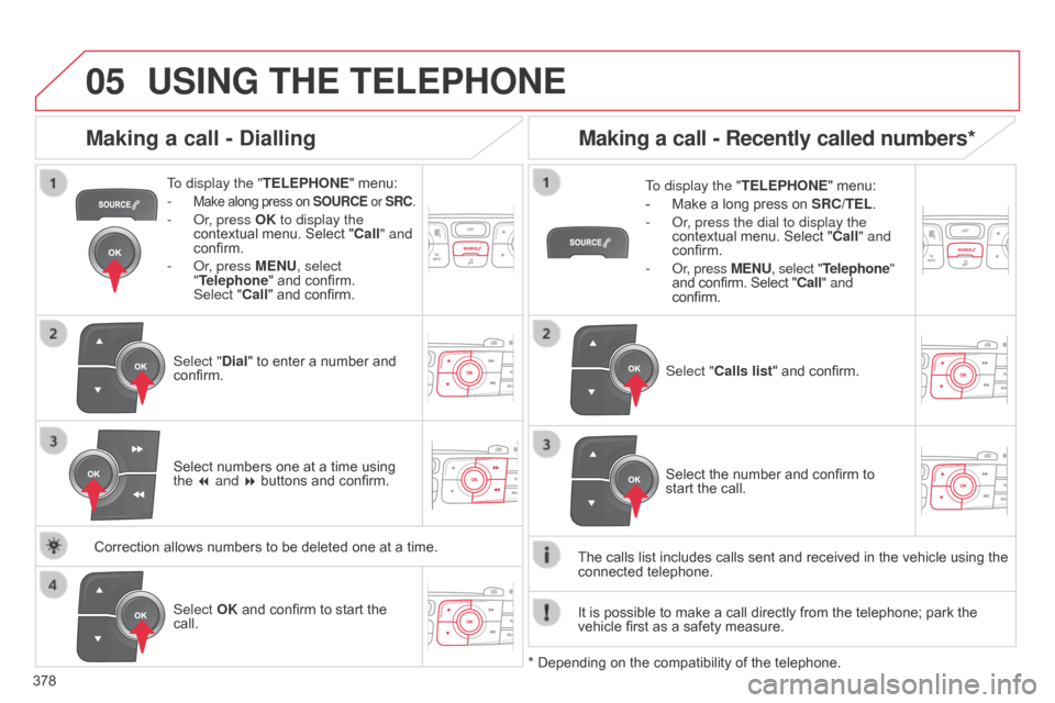 Citroen C4 2015 2.G Owners Manual 05
 
  
378
C4-2_en_Chap13c_RD5_ed01-2015 C4-2_en_Chap13c_RD5_ed01-2015
USING THE TELEPHONE
To display the " TELEPHONE"   menu:
-  
Make along press on SOURCE or SRC.
-  or, press OK to display t