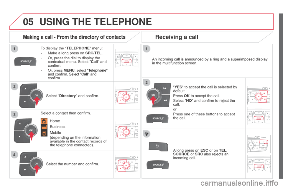 Citroen C4 2015 2.G Owners Manual 05
 
  
379
C4-2_en_Chap13c_RD5_ed01-2015 C4-2_en_Chap13c_RD5_ed01-2015
USING THE TELEPHONE
To display the " TELEPHONE"   menu:
-  
Make
   a   long   press   on  
SRC/TEL
 .
-
  o r, press the