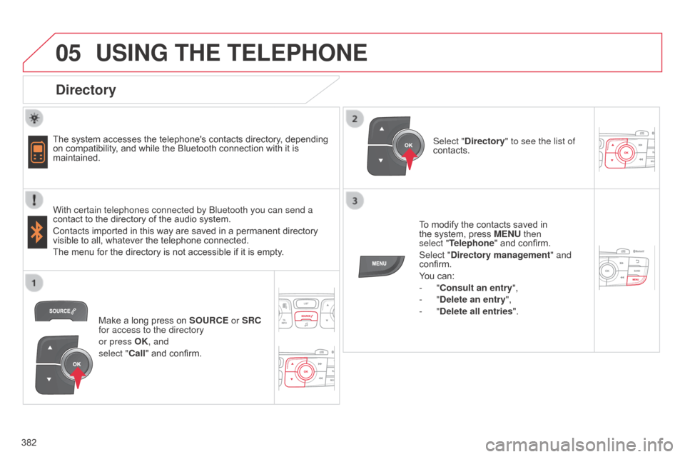 Citroen C4 2015 2.G Owners Guide 05
382
C4-2_en_Chap13c_RD5_ed01-2015 C4-2_en_Chap13c_RD5_ed01-2015
USING THE TELEPHONE
Directory
The system accesses the telephones contacts directory, depending on
 compatibility,  Citroen C4 2015 2.G Owners Guide 05
382
C4-2_en_Chap13c_RD5_ed01-2015 C4-2_en_Chap13c_RD5_ed01-2015
USING THE TELEPHONE
Directory
The system accesses the telephones contacts directory, depending on
 compatibility, Â