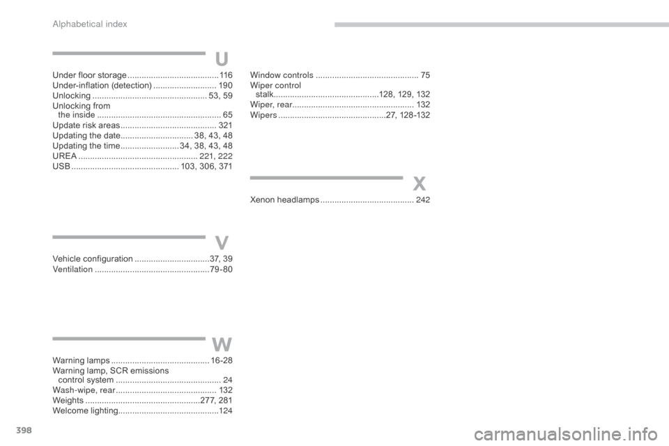 Citroen C4 2015 2.G Owners Manual 398
C4-2_en_Chap14_index-alpha_ed01-2015
C4-2_en_Chap14_index-alpha_ed01-2015
Vehicle configuration ................................37,   39
Ventilation .............................. ............