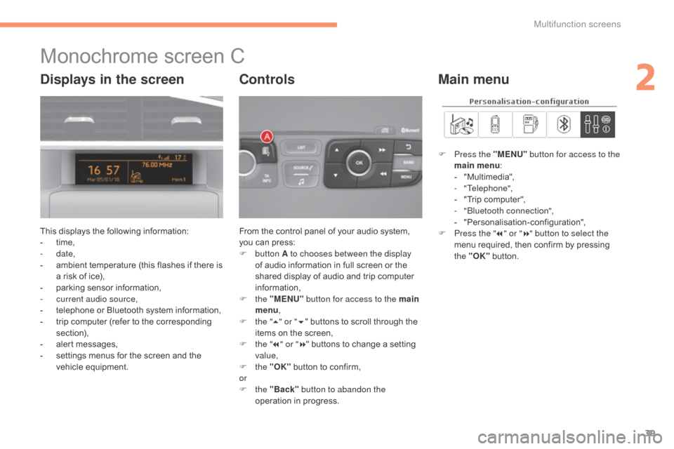 Citroen C4 2015 2.G Owners Manual 39
C4-2_en_Chap02_ecran-multifonction_ed01-2015
C4-2_en_Chap02_ecran-multifonction_ed01-2015
Monochrome screen C
This displays the following information:
-  t ime,
-
 

date,
-
 
a
 mbient   