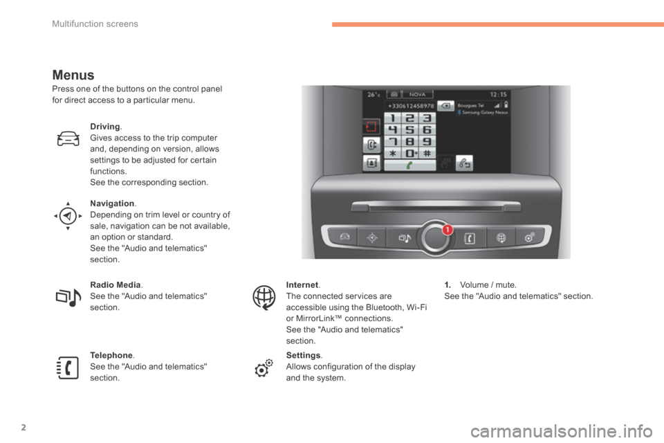 Citroen C4 2015 2.G User Guide Multifunction screens
2
C4-2-add_en_Chap02_ecran-multifonction_ed01-2015
Menus
Press one of the buttons on the control panel for direct access to a particular menu.
Driving. Gives access to Citroen C4 2015 2.G User Guide Multifunction screens
2
C4-2-add_en_Chap02_ecran-multifonction_ed01-2015
Menus
Press one of the buttons on the control panel for direct access to a particular menu.
Driving. Gives access to