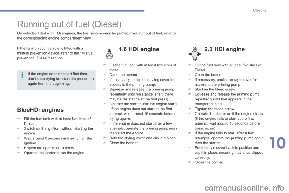 Citroen C4 2015 2.G Owners Manual 10
Checks17
C4-2-add_en_Chap10_veriﬁ cation_ed01-2015
         Running  out  of  fuel  (Diesel)  
  1.6  HDi  engine       2.0  HDi  engine 
  On vehicles fitted with HDi engines, the fuel system mu