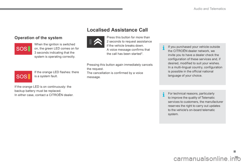 Citroen C4 2015 2.G Owners Manual .
 Audio and Telematics 19
C4-2-add_en_Chap13a_BTA_ed01-2015
  Localised  Assistance  Call  
  If you purchased your vehicle outside the CITROËN dealer network, we invite you to have a dealer check t