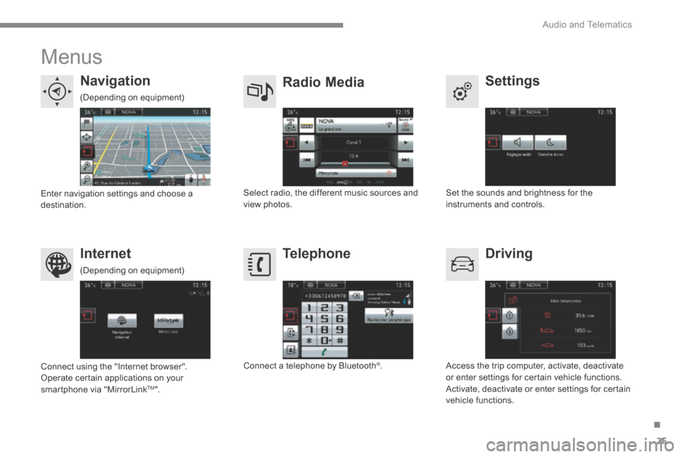 Citroen C4 2015 2.G Owners Guide .
Audio and Telematics 25
C4-2-add_en_Chap13b_SMEGplus_ed01-2015
Menus
Settings Radio Media Navigation
Driving Internet Telephone
Set the sounds and brightness for the Citroen C4 2015 2.G Owners Guide .
Audio and Telematics 25
C4-2-add_en_Chap13b_SMEGplus_ed01-2015
Menus
Settings Radio Media Navigation
Driving Internet Telephone
Set the sounds and brightness for the