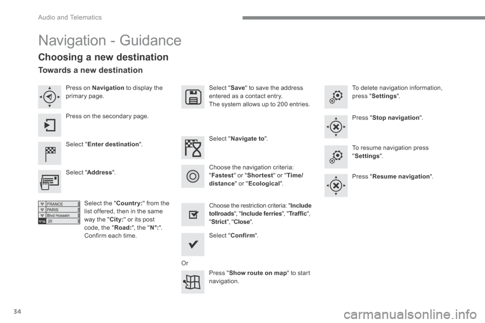 Citroen C4 2015 2.G User Guide Audio and Telematics
34
C4-2-add_en_Chap13b_SMEGplus_ed01-2015
Navigation - Guidance
Choosing a new destination
Select " Enter destination ".
Select " Save " to save the address entered Citroen C4 2015 2.G User Guide Audio and Telematics
34
C4-2-add_en_Chap13b_SMEGplus_ed01-2015
Navigation - Guidance
Choosing a new destination
Select " Enter destination ".
Select " Save " to save the address entered