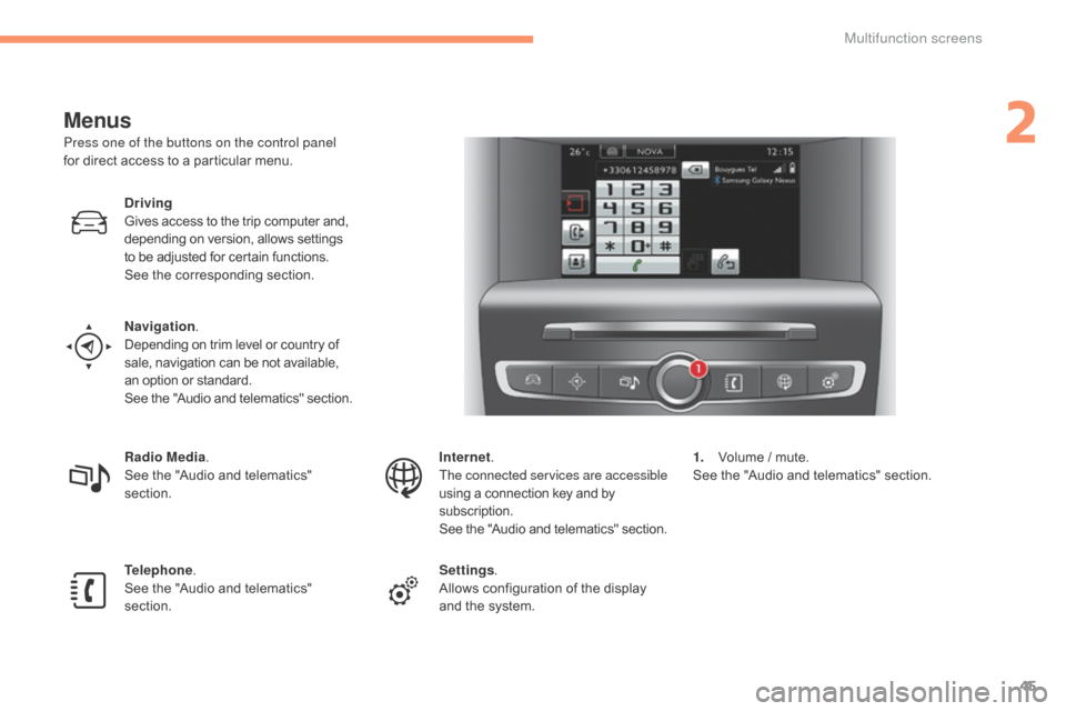 Citroen C4 2015 2.G Owners Manual 45
C4-2_en_Chap02_ecran-multifonction_ed01-2015
C4-2_en_Chap02_ecran-multifonction_ed01-2015
Menus
Press one of the buttons on the control panel 
for  direct   access   to   a   particular   men