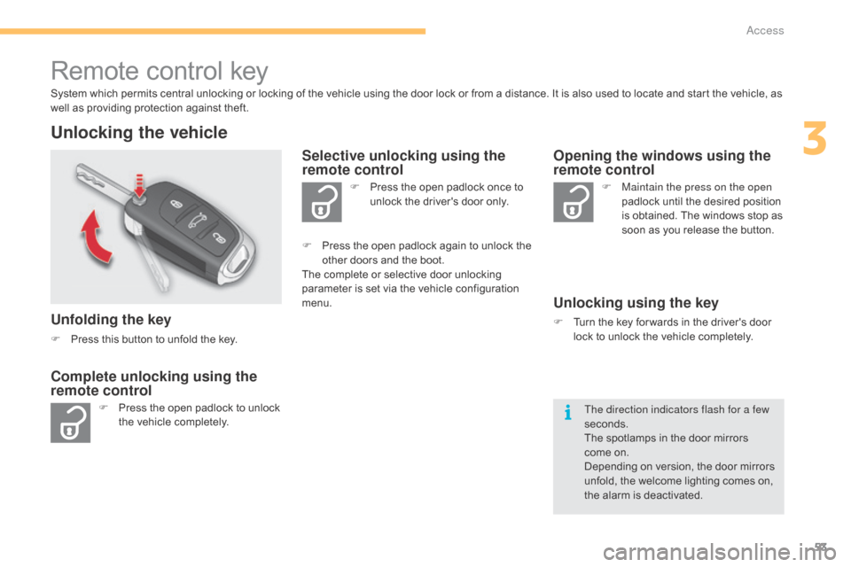 Citroen C4 2015 2.G Owners Manual 53
C4-2_en_Chap03_ouvertures_ed01-2015
C4-2_en_Chap03_ouvertures_ed01-2015
Remote control key
System which permits central unlocking or locking of the vehicle using the door lock or f