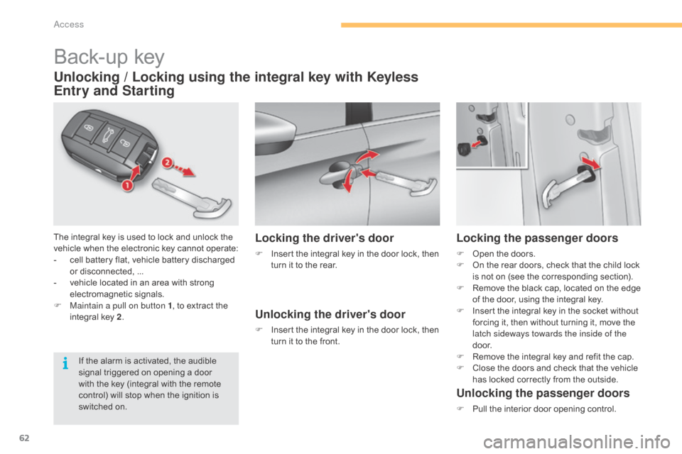 Citroen C4 2015 2.G Owners Manual 62
C4-2_en_Chap03_ouvertures_ed01-2015
C4-2_en_Chap03_ouvertures_ed01-2015
Back-up key
The integral key is used to lock and unlock the vehicle   when   the   electronic   key   cannot 