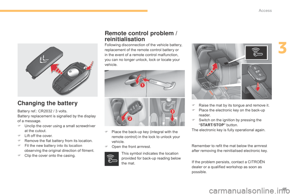 Citroen C4 2015 2.G Owners Manual 63
C4-2_en_Chap03_ouvertures_ed01-2015
C4-2_en_Chap03_ouvertures_ed01-2015
Changing the battery
Following disconnection of the vehicle battery, replacement   of   the   remote   control   b