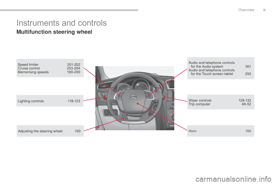 Citroen C4 2015 2.G Owners Manual 7
C4-2_en_Chap00b_vue-ensemble_ed01-2015
C4-2_en_Chap00b_vue-ensemble_ed01-2015
Instruments and controls
Multifunction steering wheel
Speed limiter 201-202
Cruise   control  2 03 -204
Memorising