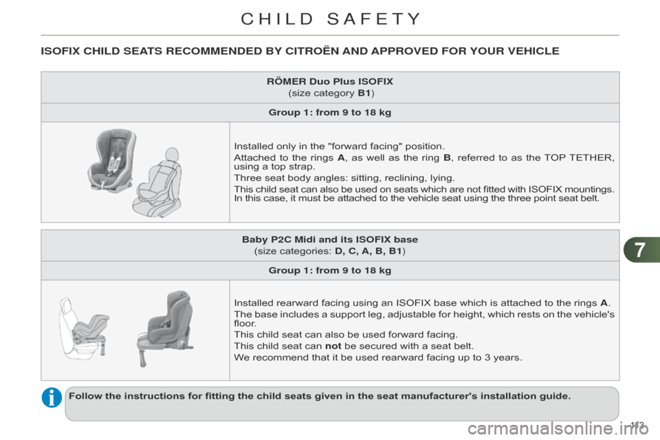 Citroen C4 RHD 2015 2.G Owners Manual 77
113 
ISOFIX CHILD SEATS RECOMMENDED BY CITROËN AND APPROVED   FOR  YOUR   VEHICLE
RÖMER Duo Plus ISOFIX 
 

(size   category   B1)
Group 1: from 9 to 18 kg
Installed
  only   in   the   "