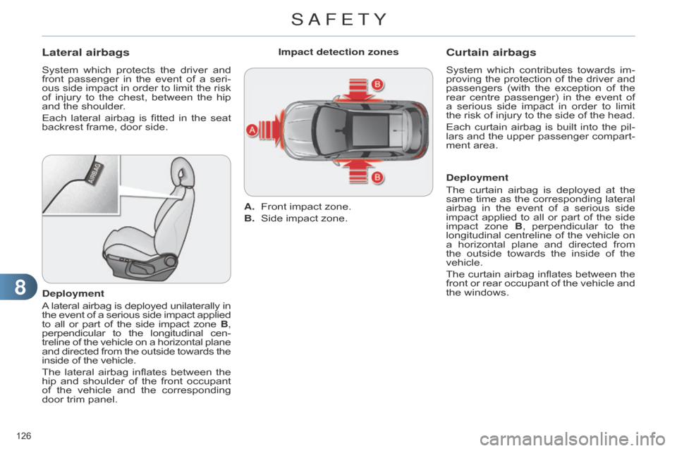Citroen C4 RHD 2015 2.G Owners Manual 88
126Â
Lateral airbags
System which protects  the  driver  and  front
 passenger  in  the  event  of  a  seri -
ous
Â
side
Â
impact
Â
in
Â
order
Â
to
Â
limit
Â
the
Â
risk Citroen C4 RHD 2015 2.G Owners Manual 88
126Â
Lateral airbags
System which protects  the  driver  and  front
 passenger  in  the  event  of  a  seri -
ous
Â
side
Â
impact
Â
in
Â
order
Â
to
Â
limit
Â
the
Â
risk