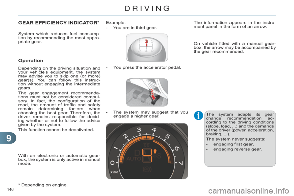 Citroen C4 RHD 2015 2.G Owners Manual 99
146 
GEAR EFFICIENCY INDICATOR *
Operation
Depending on  the  driving  situation  and  your
 vehicles  equipment,  the  system  
may

 
advise
  
you
  
to
  
skip
  
one
  
(or
