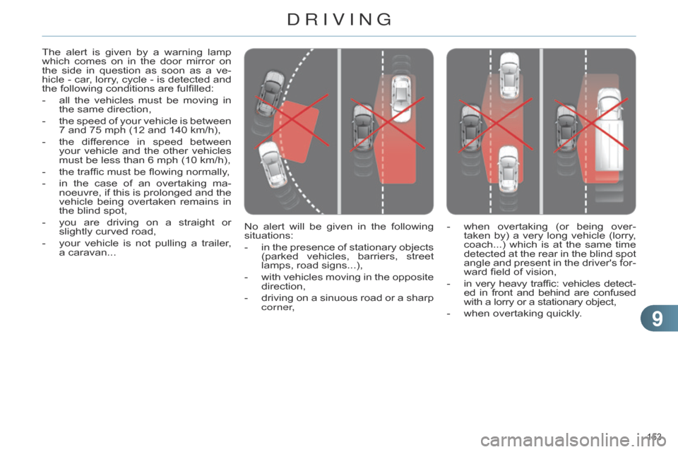 Citroen C4 RHD 2015 2.G Owners Manual 99
153 
No alert will  be  given  in  the  following  situations:
-
 
in
  
the
  
presence
  
of
  
stationary
  
objects
  
(parked

 
vehicles,
  
barriers,
  
street
  
lamps,
