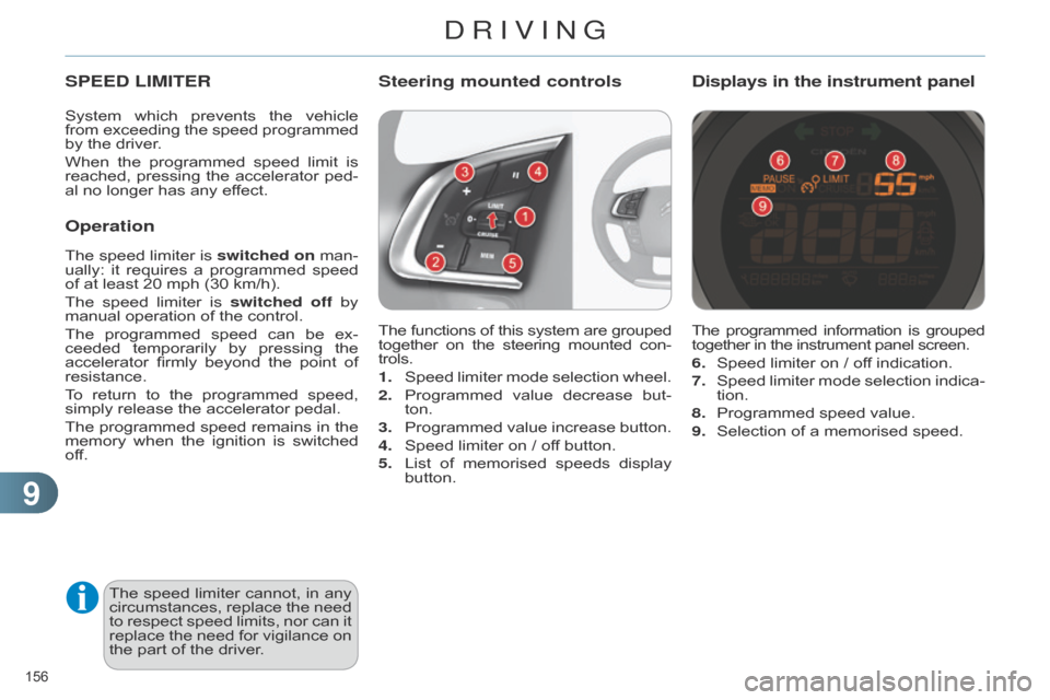 Citroen C4 RHD 2015 2.G Owners Manual 99
156 
The programmed information  is  grouped together
  in   the   instrument   panel   screen.
6.
  
Speed
   limiter   on   /   off   indication.
7.
  
Speed
  
limiter
  
m