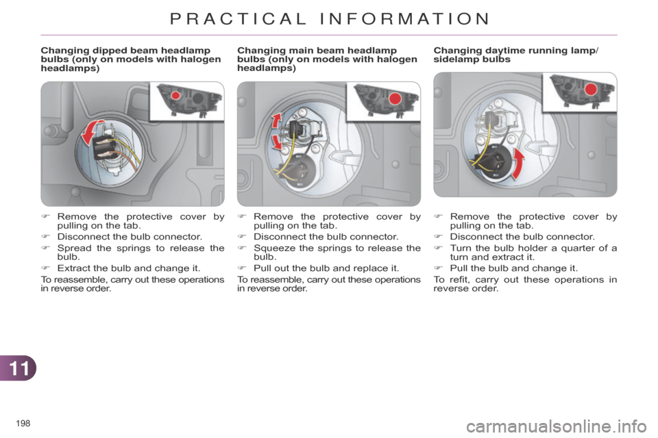 Citroen C4 RHD 2015 2.G Owners Manual 1111
198
Changing dipped beam headlamp
bulbs (only on models with halogen
headlamps)Changing daytime running lamp/
sidelamp bulbs
F
Remove
the
protective
cover
by
pullin
g Citroen C4 RHD 2015 2.G Owners Manual 1111
198
Changing dipped beam headlamp
bulbs (only on models with halogen
headlamps)Changing daytime running lamp/
sidelamp bulbs
F
Remove
the
protective
cover
by
pullin
g