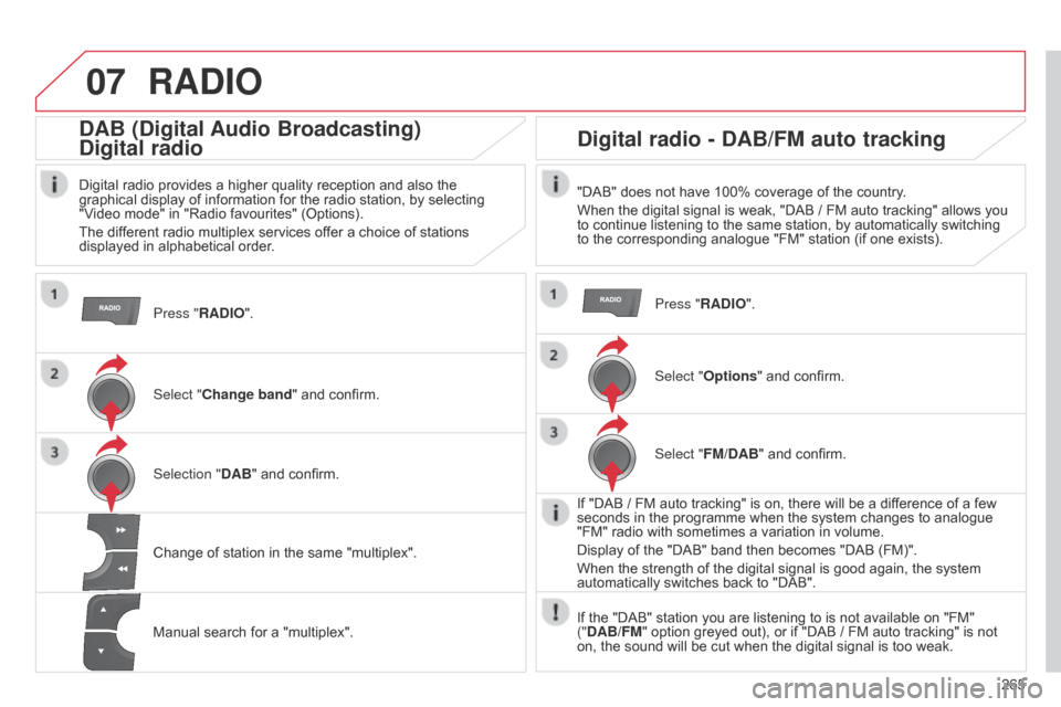 Citroen C4 RHD 2015 2.G Owners Manual 07
265
RADIO
Press "RADIO".
DAB (Digital Audio Broadcasting)
Digital radio
Digital radio provides a higher quality reception and also the graphical display  of  information  for  Citroen C4 RHD 2015 2.G Owners Manual 07
265
RADIO
Press "RADIO".
DAB (Digital Audio Broadcasting)
Digital radio
Digital radio provides a higher quality reception and also the graphical display  of  information  for Â