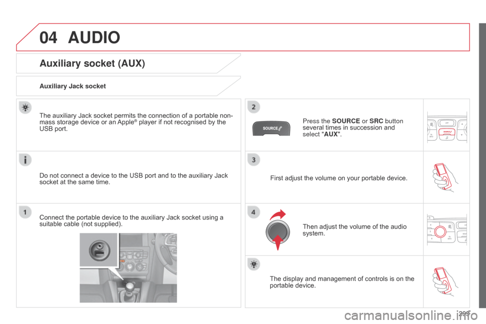 Citroen C4 RHD 2015 2.G Owners Manual 04
299
AUDIO
Auxiliary socket (AUX)
Auxiliary jack socket
Do   not   connect   a   device   to   the   USB   port   and   to   the   auxiliary   Jack  
socket

  at   the   same   ti