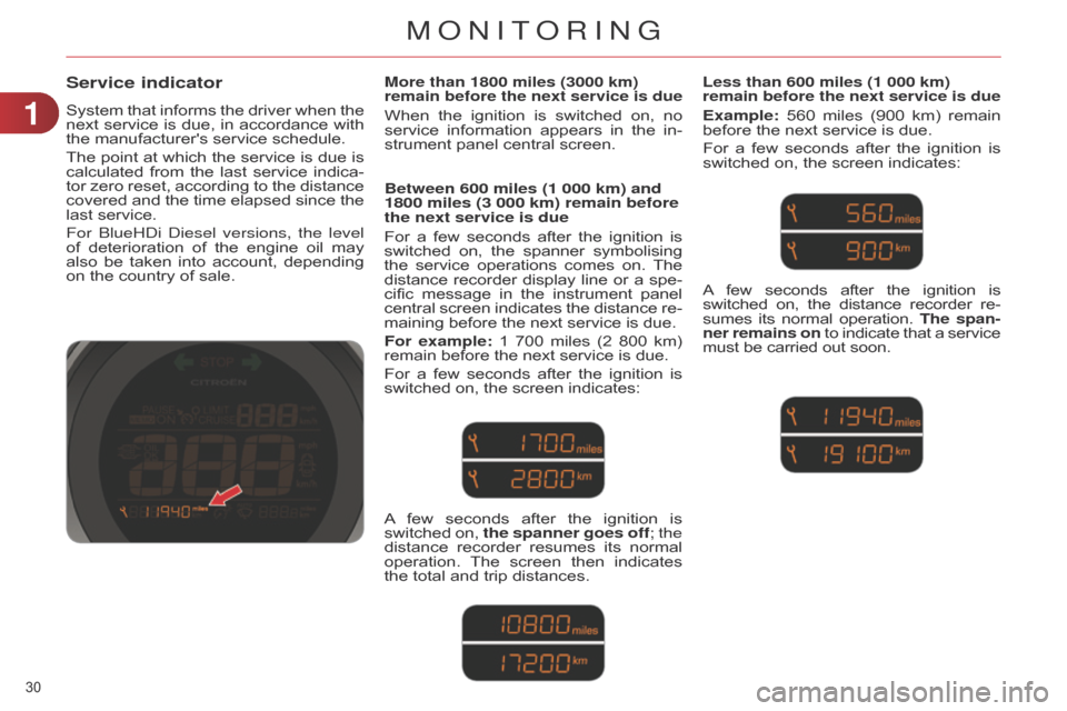 Citroen C4 RHD 2015 2.G Owners Guide 30
Service indicator
System that informs the driver when the next
service is due, in accordance with
the
manufacturers service schedule.
The
point
at
Citroen C4 RHD 2015 2.G Owners Guide 30
Service indicator
System that informs the driver when the next
service is due, in accordance with
the
manufacturers service schedule.
The
point
at