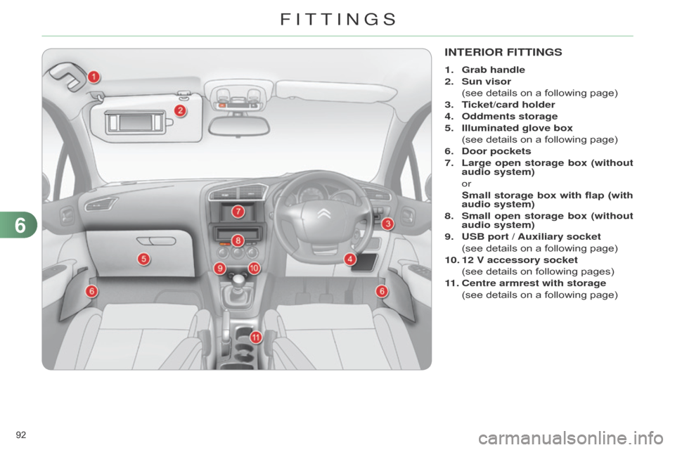 Citroen C4 RHD 2015 2.G Owners Manual 92 
INTERIOR FITTINGS
1. Grab handle
2.  
Sun visor
  
 (see

  details   on   a   following   page)
3.
 
T
 icket/card holder
4.
 
Oddments storage
5.

 
Illuminated
  glove box 
 (see

  de