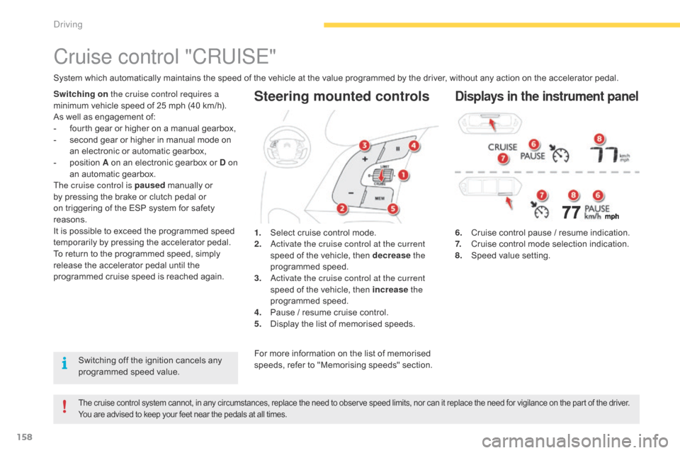 Citroen C4 PICASSO 2015 2.G Owners Manual 158
Steering mounted controls
6. Cruise  control   pause   /   resume   indication.
7. C ruise   control   mode   selection   indication.
8.
 S

peed   value   setting.
Cruise control "C