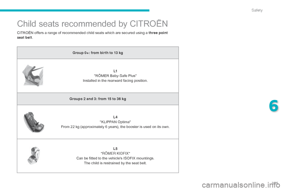 Citroen C4 PICASSO 2015 2.G Owners Manual 235
Child seats recommended by CITROËN
Group 0+: from bir th to 13 kgL1
"RÖMER
Baby-Safe Plus"
I
nstalled in the rear ward facing position.
Groups 2 and 3: from 15 to 3 Citroen C4 PICASSO 2015 2.G Owners Manual 235
Child seats recommended by CITROËN
Group 0+: from bir th to 13 kgL1
"RÖMER
Baby-Safe Plus"
I
nstalled in the rear ward facing position.
Groups 2 and 3: from 15 to 3