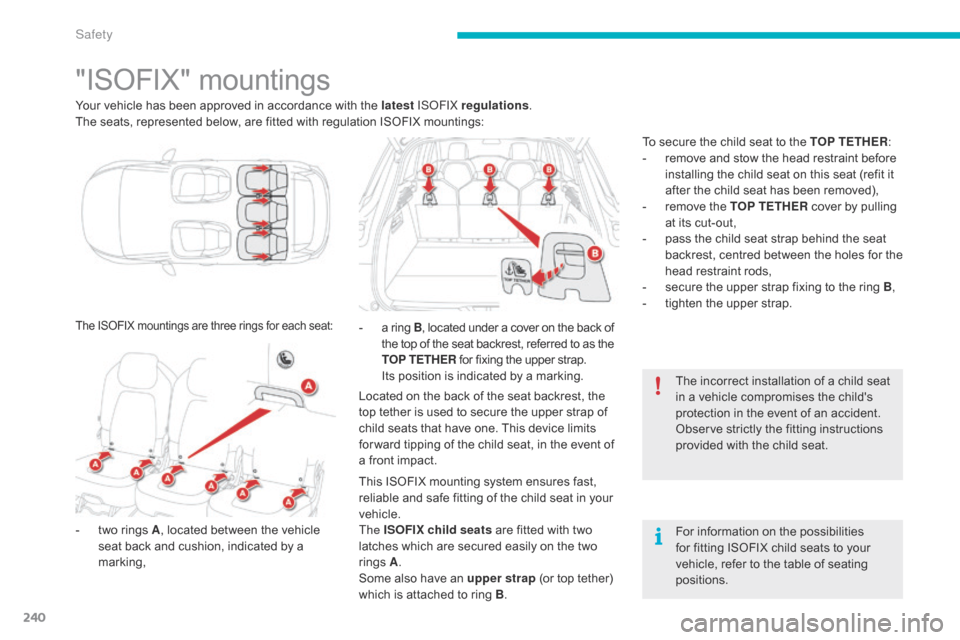 Citroen C4 PICASSO 2015 2.G Owners Manual 240
"ISOFIX" mountings
Your vehicle has been approved in accordance with the latest ISoFI X regulations .
The   seats,   represented   below,   are   fitted   with   regulation   ISO