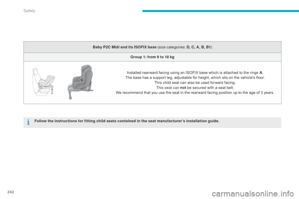 Citroen C4 PICASSO 2015 2.G Owners Manual 242
Follow the instructions for fitting child seats contained in the seat manufacturers installation guide.Baby P2C Midi and its ISOFIX base   (size   categories:   D, C, A, B, B1
)
Group 1: from 